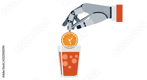 Robotic Hand Placing Orange Slice on Juice Glass Illustration, Artificial Intelligence and Automation in Food and Beverage Industry