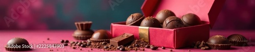 Premium chocolate selection, decorative box, vibrant backdrop , ribbon, chocolate