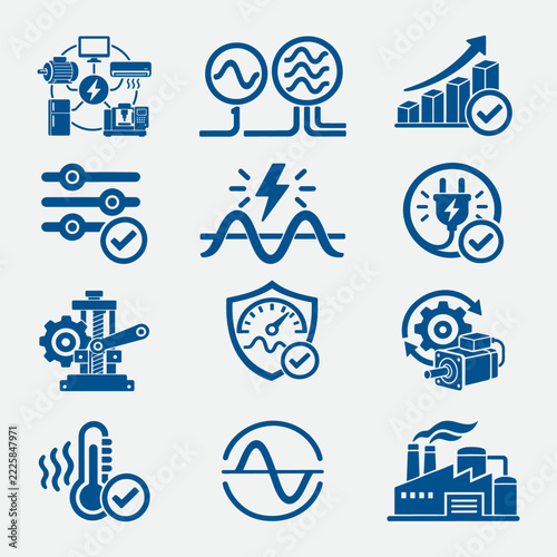 Set of blue industrial control and performance icons.