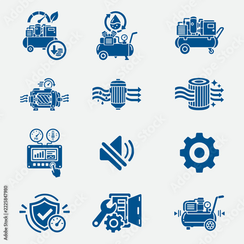Blue air compressor and pneumatic system icons set.
