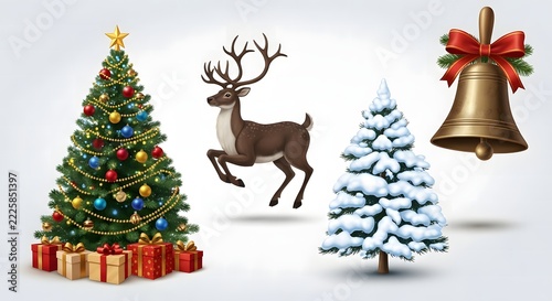 Christmas festive elements with tree, reindeer, and bell isolated on white background