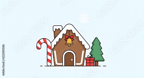 Gingerbread house with candy cane, christmas tree and gift box