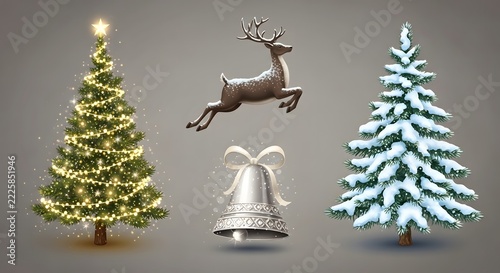 Christmas tree with lights, reindeer, and silver bell