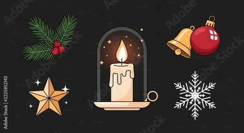 Set of christmas decorative elements on dark background