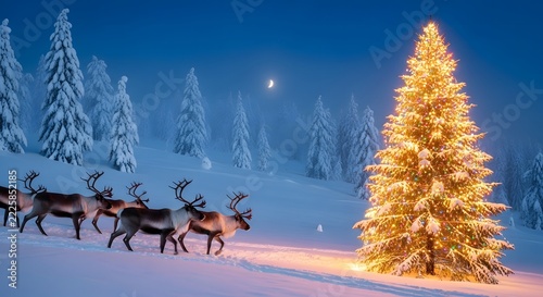 Reindeer walking in snowy forest towards glowing christmas tree
