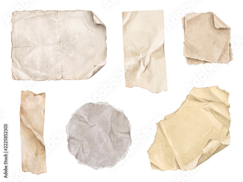 Various old crumpled torn paper pieces with aged texture and curls