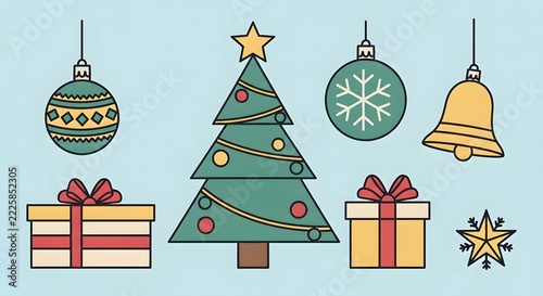 Set of christmas tree ornaments and gifts