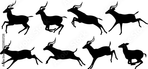 Black Deer Silhouette Set in Different Running and Jumping Poses, Wildlife Vector Collection
