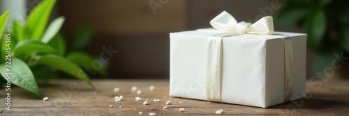 Elegant white package, rustic wood, soft focus plants , minimal, white background