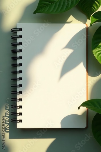 Luxurious spiral notebook, sunlit plants, shadow Copy space for notes , home office, notes, background