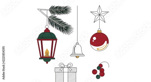 Christmas festive elements set including lantern, bell, ornament, and gift