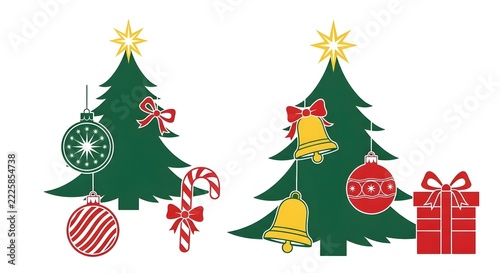 Set of two decorative christmas trees with ornaments and gifts