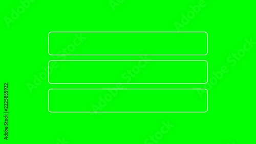 Minimalist three horizontal white outline rectangles appearing and disappearing on a vibrant green background, animated graphic element for compositing, symbolizing choices, options, or data sections
