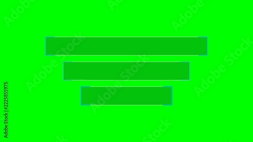 Three horizontal green screen rectangles appearing and disappearing with a subtle light reflection, symbolizing data, information, or digital interfaces for presentations, representing placeholders