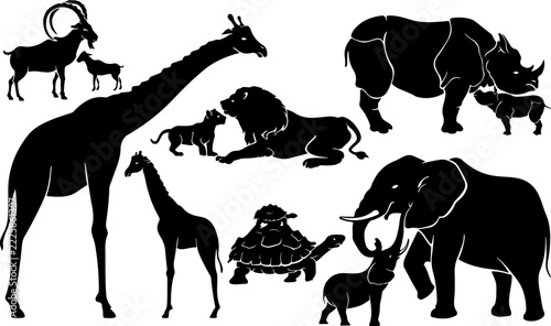 Wild Animals Silhouette Set, African Safari Animals Vector Collection