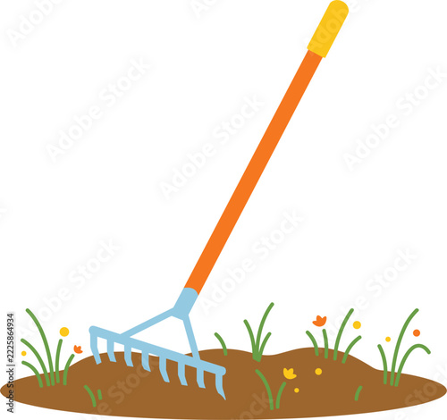 Colorful garden rake vector illustration clearing soil with green grass sprouts isolated on white background