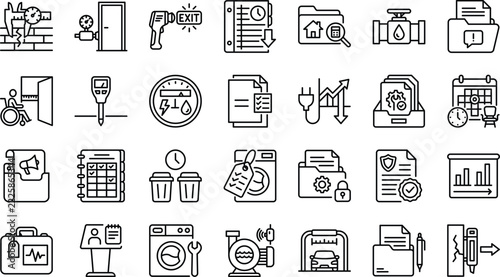 Home inspection property maintenance facility management real estate audit repair service outline icons vector set