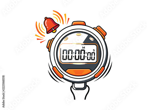 Digital stopwatch timer with ringing alarm bell icon, flat vector illustration isolated on white background