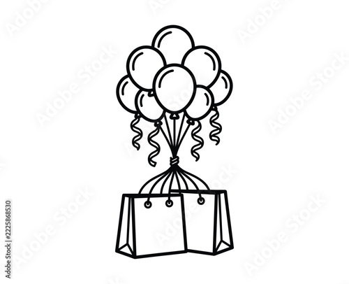 Balloon Bunch with Shopping Bags Line Art Illustration Isolated on White Background for Birthday or Celebration