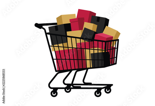Shopping cart filled with cardboard boxes, e-commerce delivery concept, 3D illustration isolated on white background