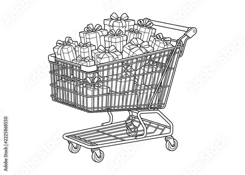 Shopping cart filled with gift boxes with bows, black and white line art illustration, isolated on white background