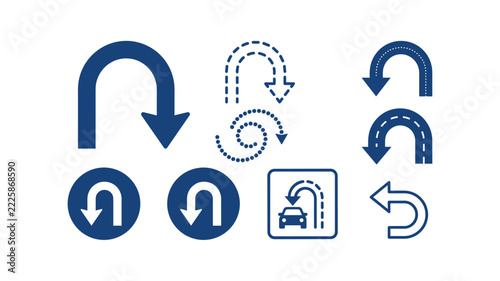 Blue U-turn arrow icon set featuring various road sign styles and curved direction symbols isolated on white