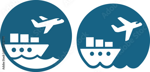 Two blue circular icons featuring a white airplane and container ship design