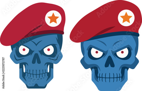 Blue Skulls in Red Military Berets Vector Art