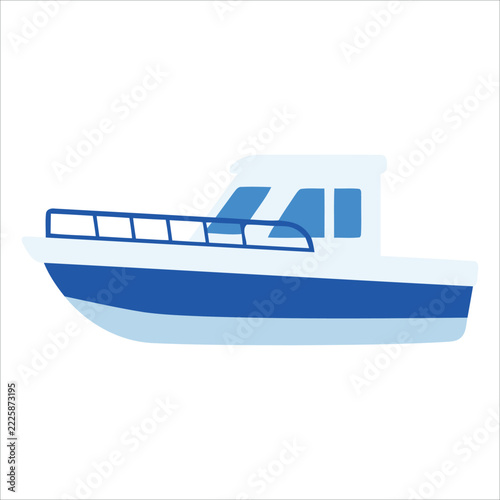 Simple flat vector illustration of a modern motor boat cabin cruiser isolated on a white background for nautical travel and marine leisure concepts