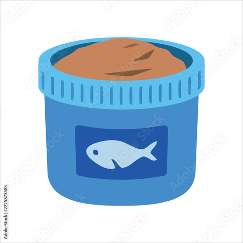 Vector illustration of a blue fish food container bucket with dry meal bait for aquarium feeding and fishing hobby isolated on white background