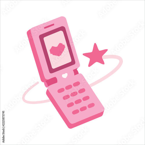 Cute vector illustration of a retro pink flip phone with heart screen and floating star graphic element for 90s nostalgia design theme