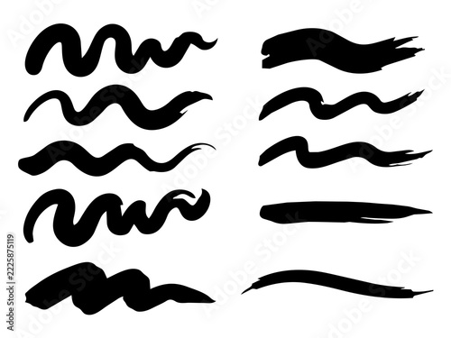 Set of Black Grunge Brush Strokes Vector Design with Hand Drawn Wavy Ink Lines and Paint Swashes Isolated on White Background