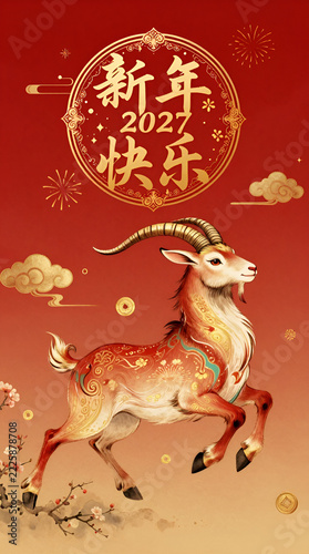Traditional Chinese Red Envelope Design with Goat Symbol of 2027 and Circular 新年快乐 2027 Seal, Festive Hongbao Illustration with Plum Blossoms and Golden Clouds