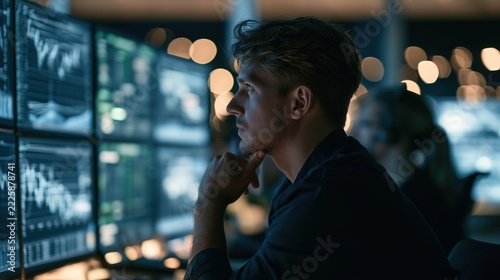 A focused supply chain manager analyzing inventory forecasts and data analytics on multiple computer screens in a modern control office at night