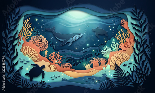 Underwater Coral Reef and Marine Life in Layered Paper Cutout Style