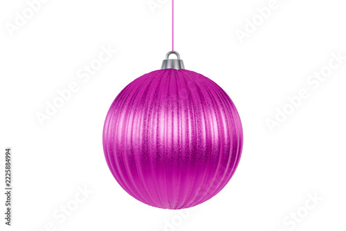 Vibrant Magenta Pink Vertical Rib Christmas Ornament With Glitter Texture And String Hang On White Background For Festive Pink Design