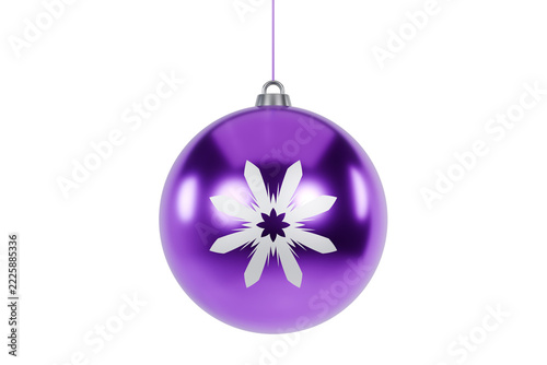 Vibrant Purple Glossy Christmas Ornament Ball With White Snowflake Pattern And String Hang On White Background For Purple Holiday Decor