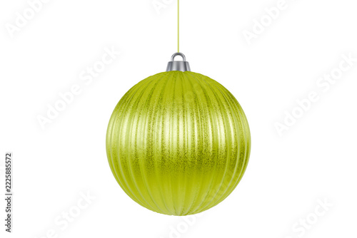 Yellow Green Stripe Christmas Tree Bauble Ornament With Shiny Glitter Texture And String Hang On White Background For Green Christmas Decor
