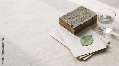 Minimalist Sustainable Recycled Paper With Green Leaf And Wood Block