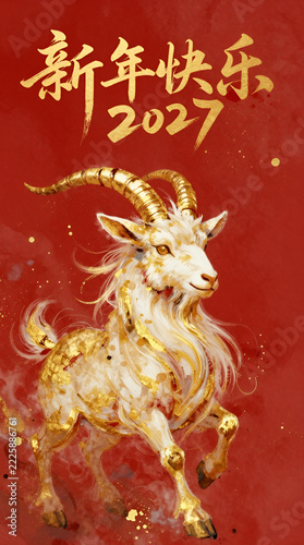 Abstract Chinese New Year Red Envelope Design with Golden Goat Symbol of 2027, Expressive Brushstrokes and 新年快乐 2027 Calligraphy, Festive Hongbao Illustration