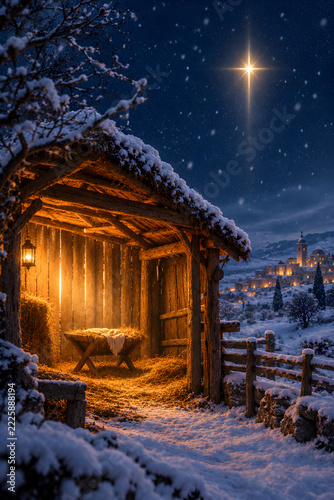 Christmas and Nativity Scene with Jesus Christ, Bethlehem Star and Christian Religious Imagery
