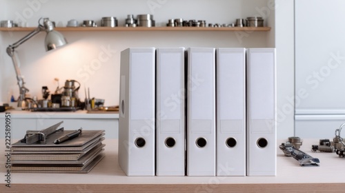 A neat arrangement of white file binders on a wooden table with various workshop tools behind