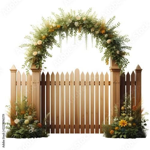 wooden fence with flower front view isolated on transparent background
