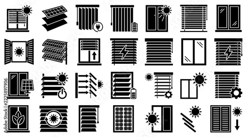 Collection of Icons Representing Window Blinds and Solar Energy Solutions