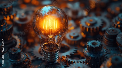 Innovative light bulb glowing among metallic gears in a creative workspace showcasing technology and design