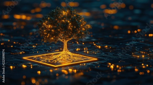A tree emerges from the center of a computer chip, symbolizing the connection between nature and technology, illuminated by warm sunset lighting creating a serene atmosphere.