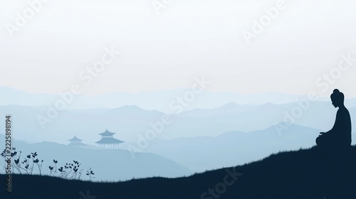 Buddha meditates peacefully amidst blooming flowers and an ancient pagoda in a serene mountain landscape