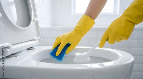 Person Wearing Yellow Rubber Gloves Scrubbing a White Toilet in a Clean Bathroom