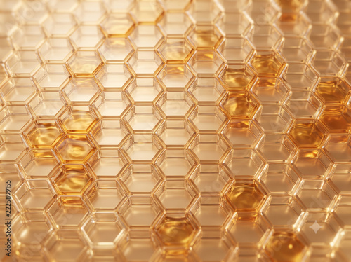 Abstract 3D luxury champagne gold and amber hexagonal honeycomb background