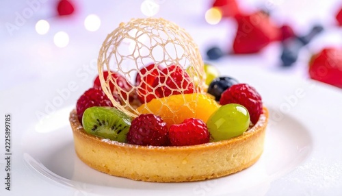 Exquisite Fruit Tart Decorated with Intricate Sugar Lattice and Assorted Fresh Berries